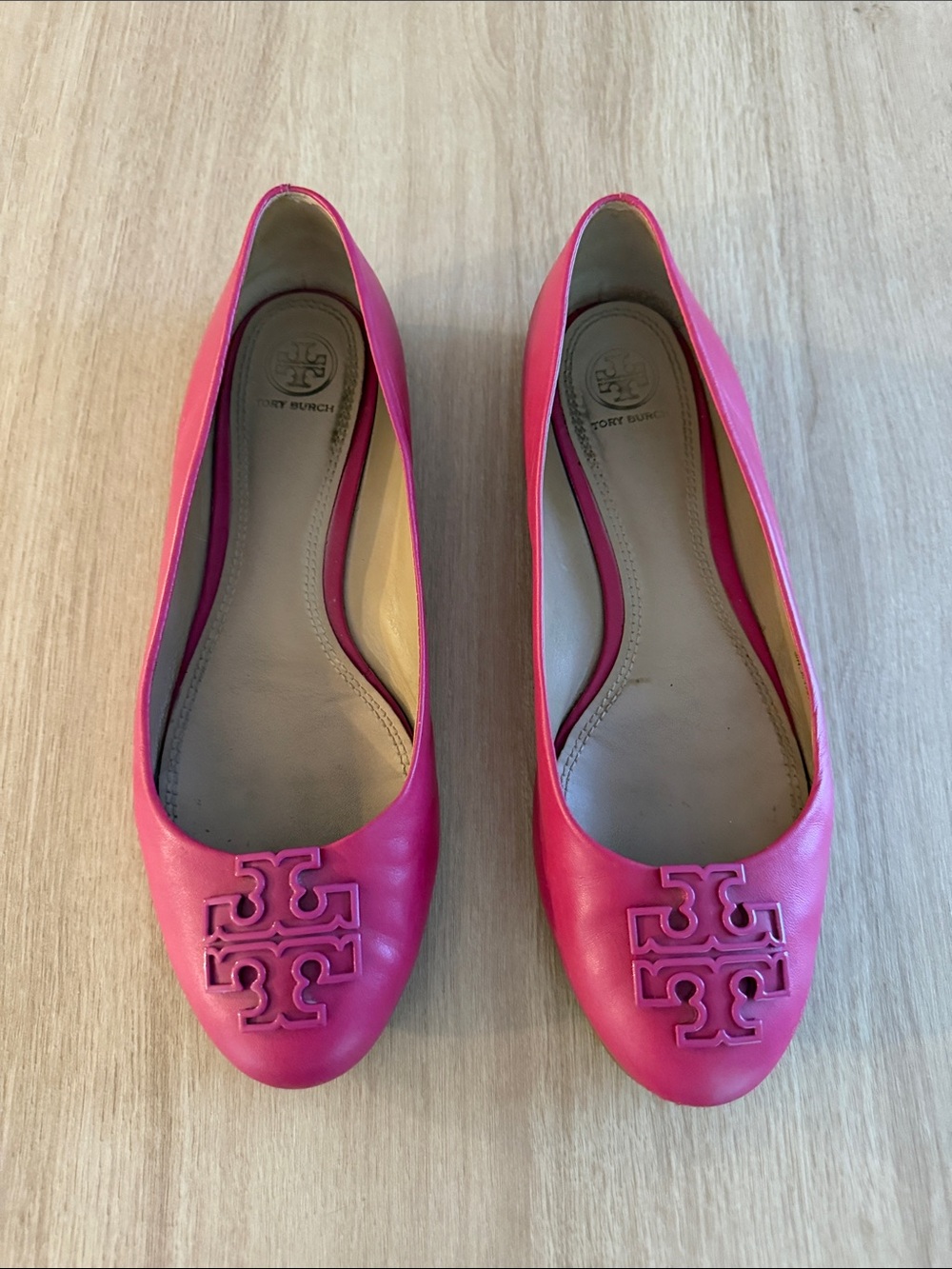 Tory Burch Hot Pink Leather Logo Ballet Flats